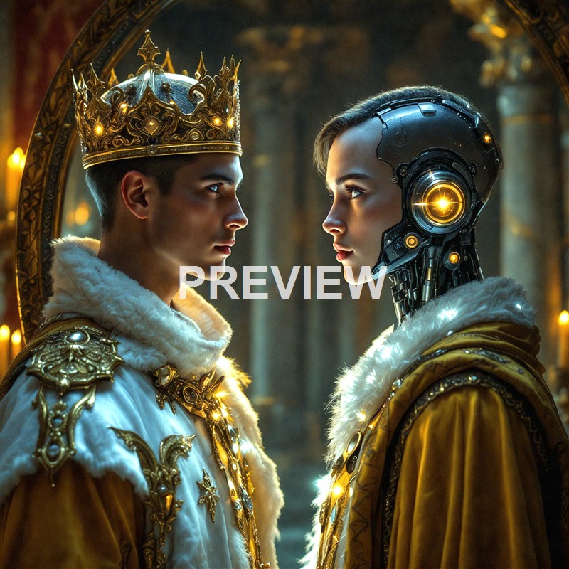 A young man dressed as a king with a crown and ornate robes facing a young woman with a futuristic robotic head and matching regal attire, both standing close in an elaborately decorated setting.